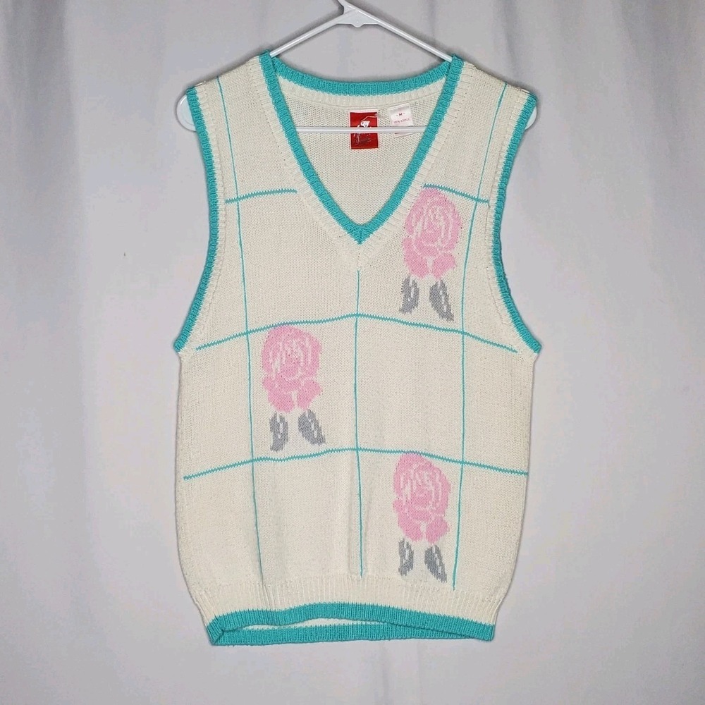Avant Garde Vtg Sweater Vest Women Small White V-Neck Pink Rose Plaid‎ Knit